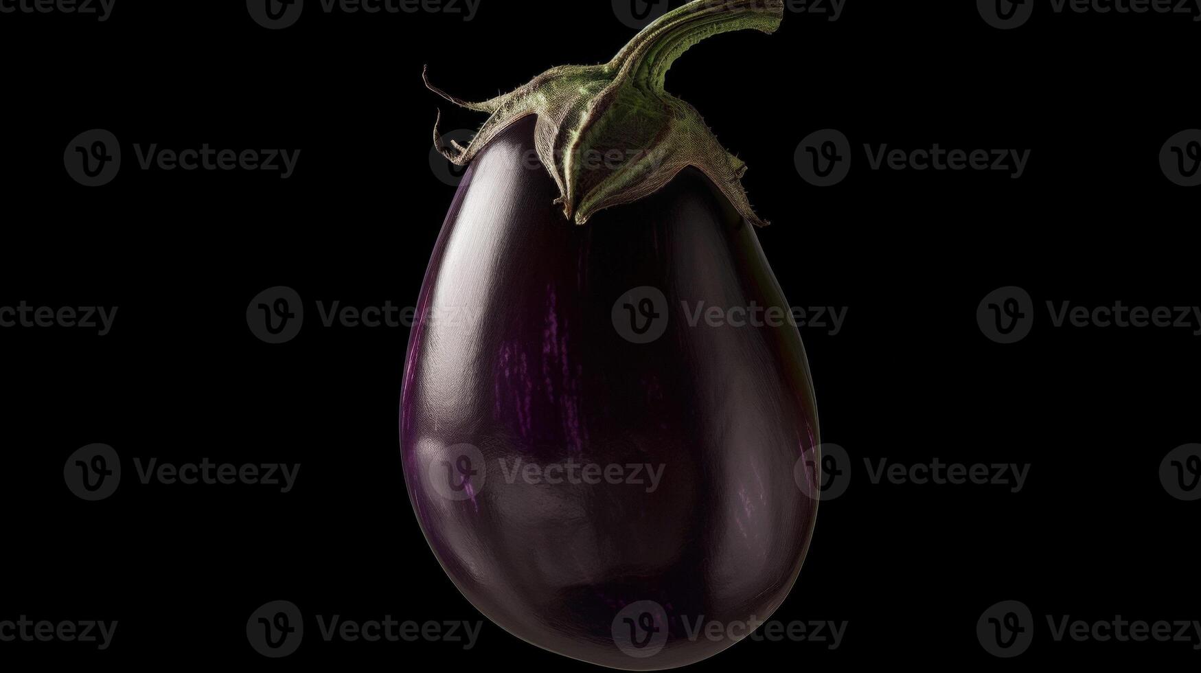 The velvety purple skin of an eggplant its shape punctuated by hints of deep dark green. At the base a sy stem reaching towards the sky a symbol of strength and growth photo