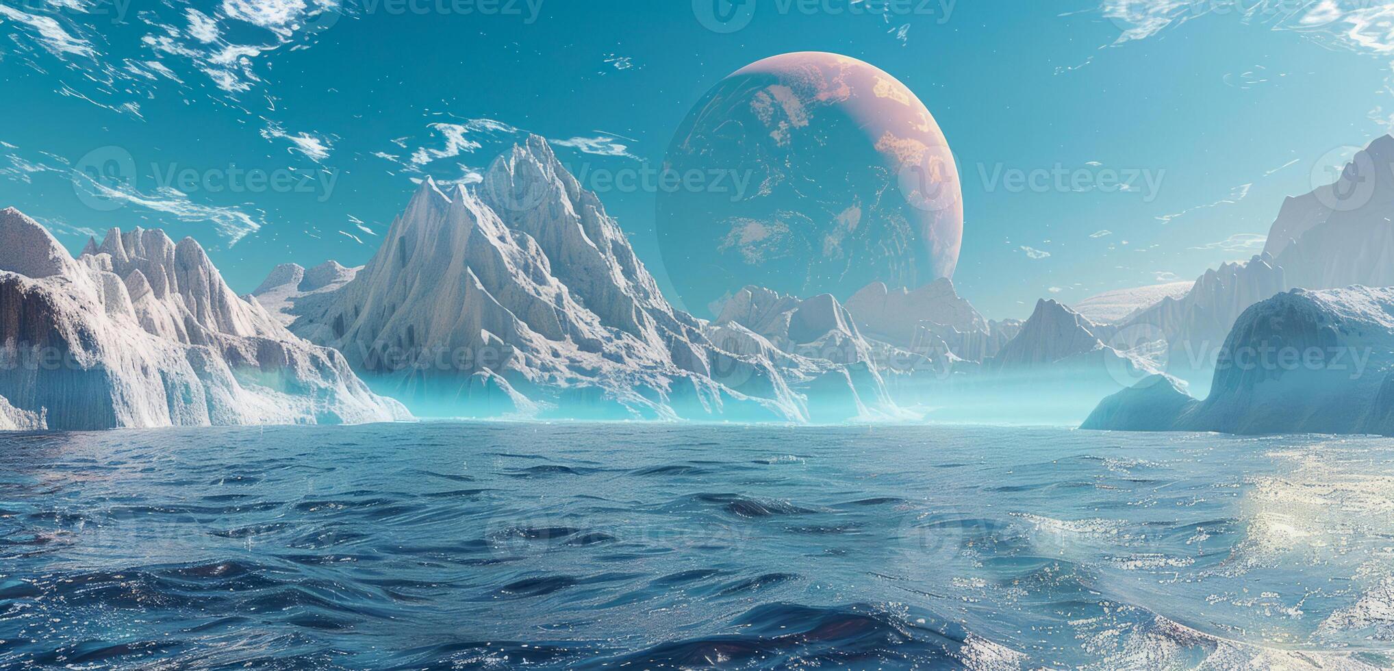 A planet with beautiful alien landscape. Extraterrestrial space travel to a different world photo