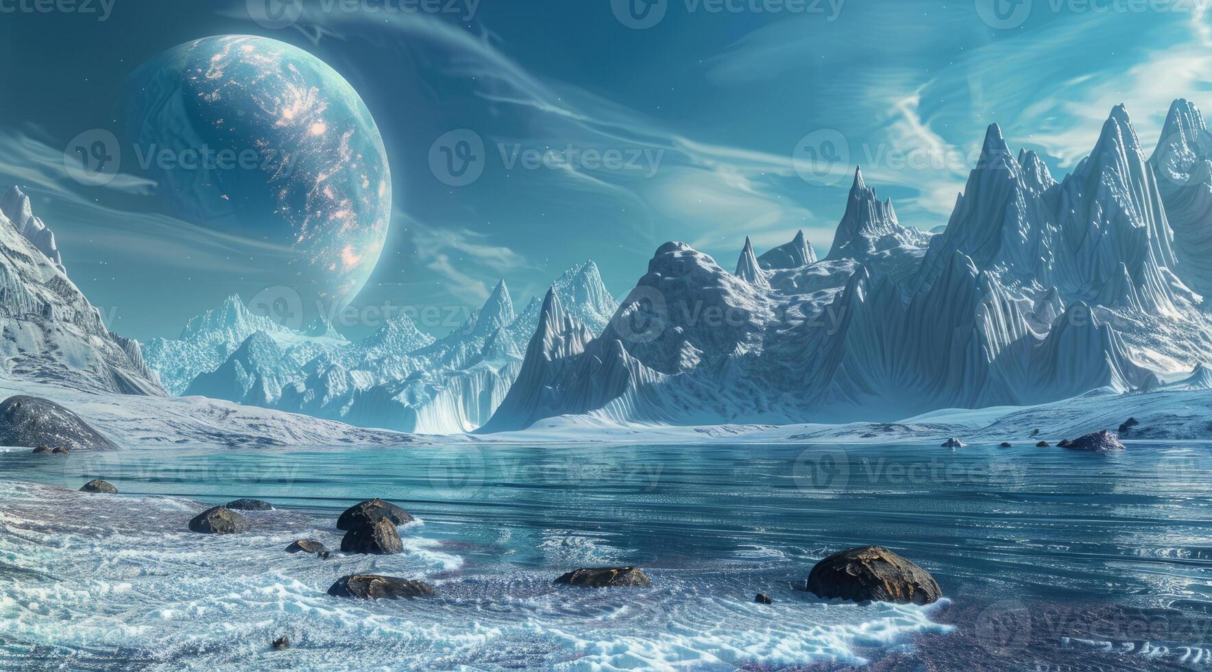 A planet with beautiful alien landscape. Extraterrestrial space travel to a different world photo