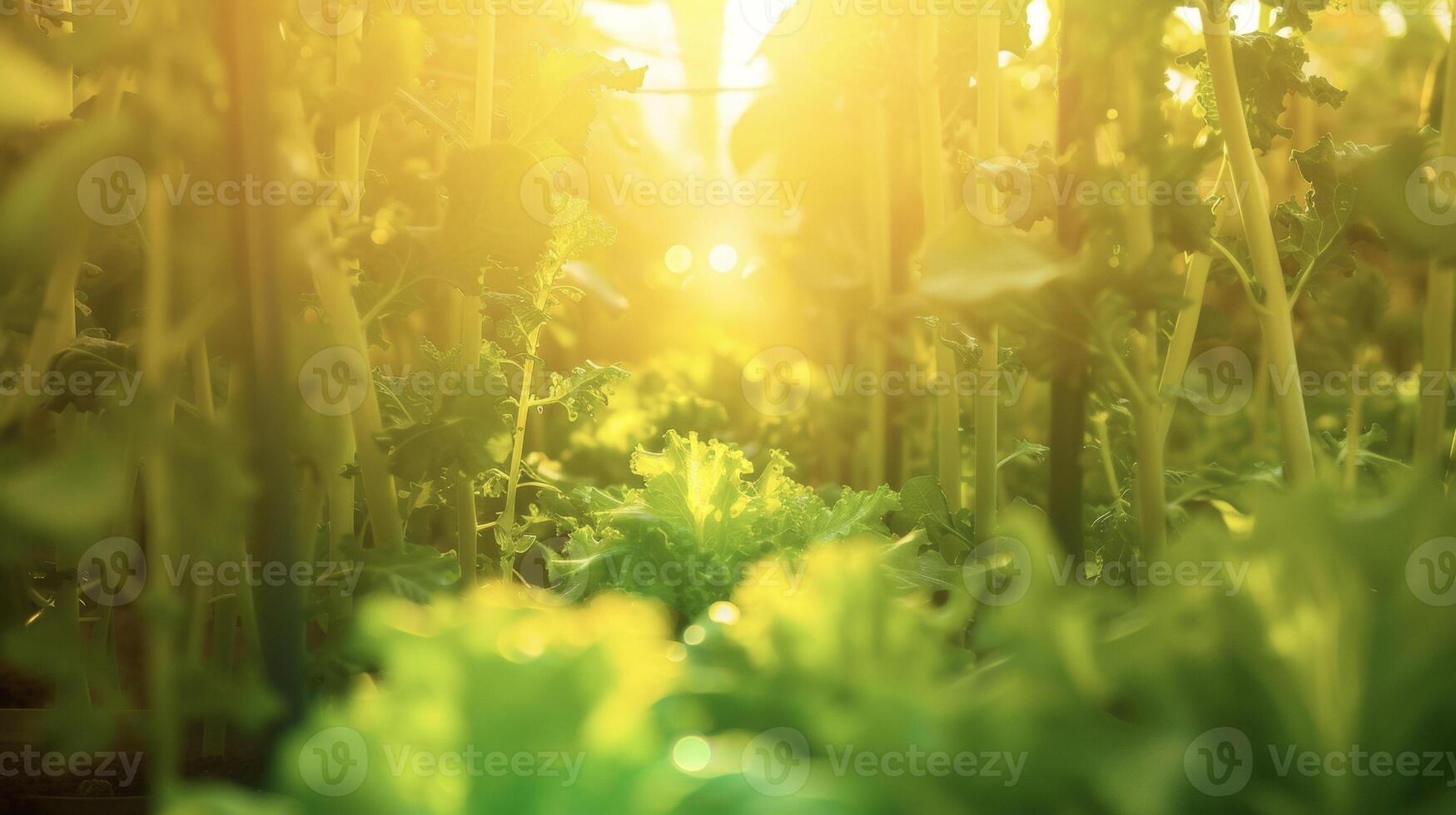 Sunlight filtering through the transparent panels rows of vibrant lettuce plants in a warm glow photo
