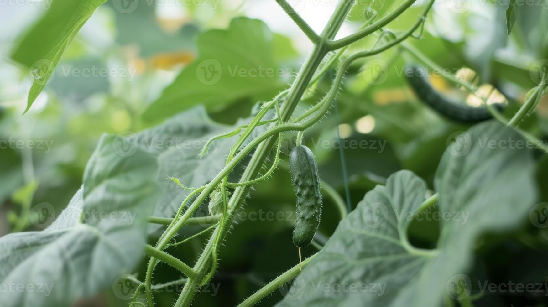 Growing A closeup of a cucumber plant its long climbing vines winding their way up a trellis. The leaves are a deep green and there are multiple small cucumbers growing an photo