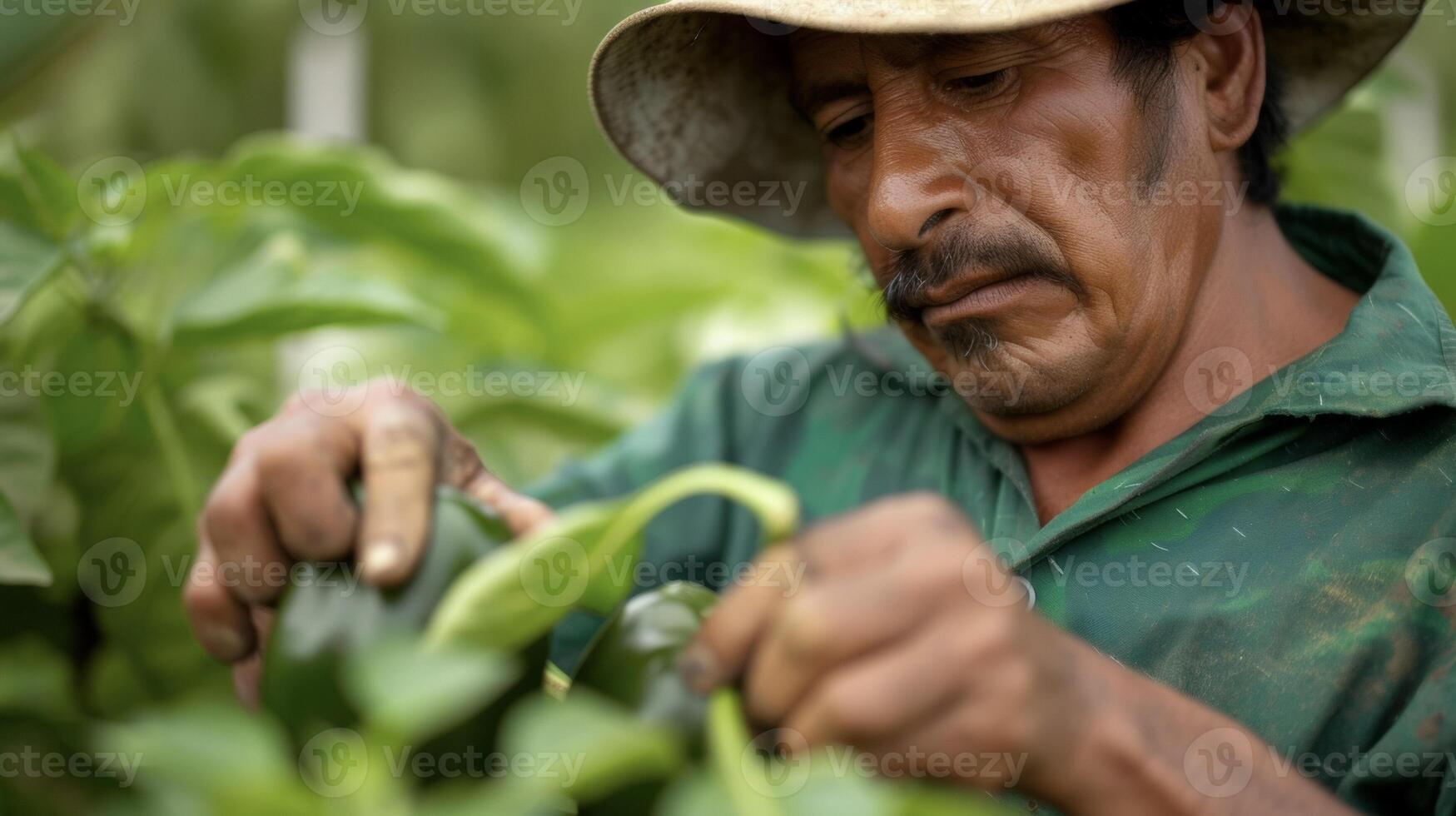 A farmer inspects a freshly harvested bell pepper checking for any blemishes or imperfections. The pepper with its smooth and shiny skin looks almost too perfect to be true photo
