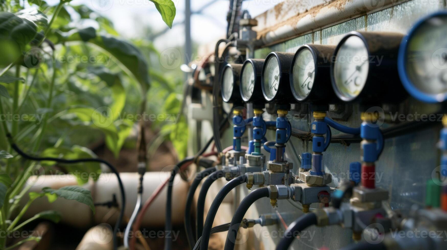 A detailed image of the control panel for a drip irrigation system with various dials and gauges indicating water pressure flow rate and irrigation schedule. This technolog photo