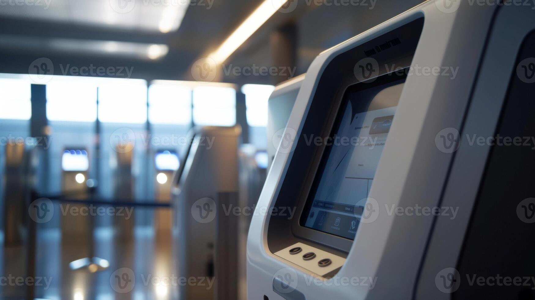 A closeup of the selfservice baggage drop off kiosk reveals a futuristic display screen that seamlessly guides travelers through the checkin process making it efficient an photo