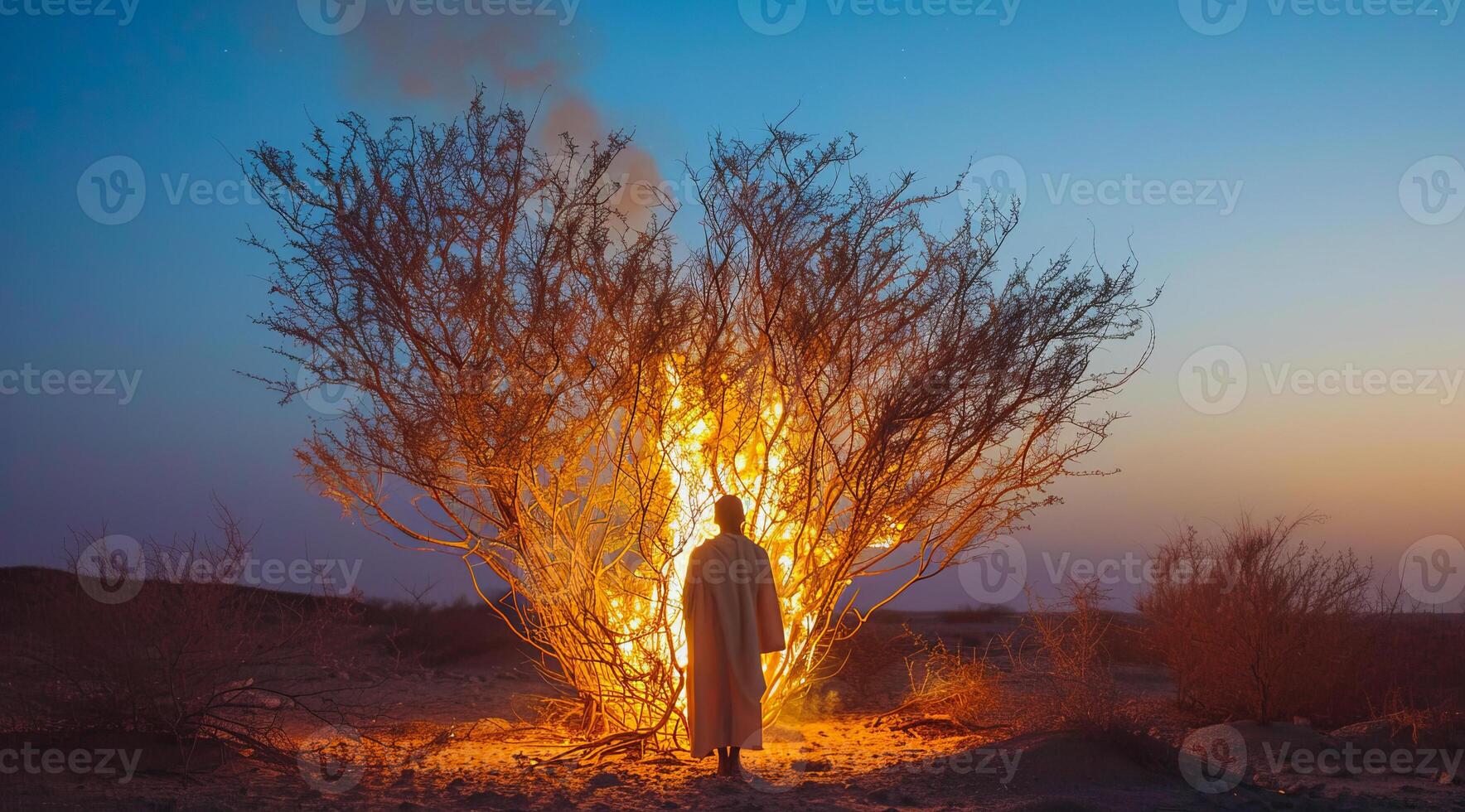 Moses looking at the burning bush. Bible stories and miracles, god manifestation, . photo