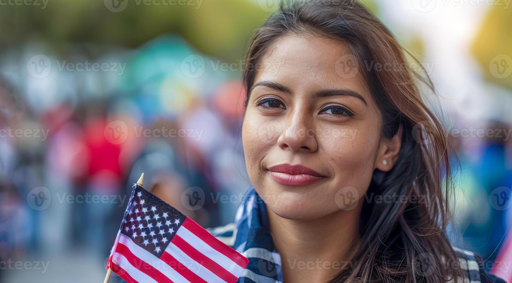 A patriot woman holding American USA flag and smiling while voting in local elections photo