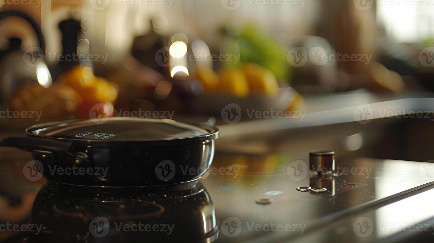 A digital timer counting down on an induction cooktop ready to alert when the dish is finished cooking photo