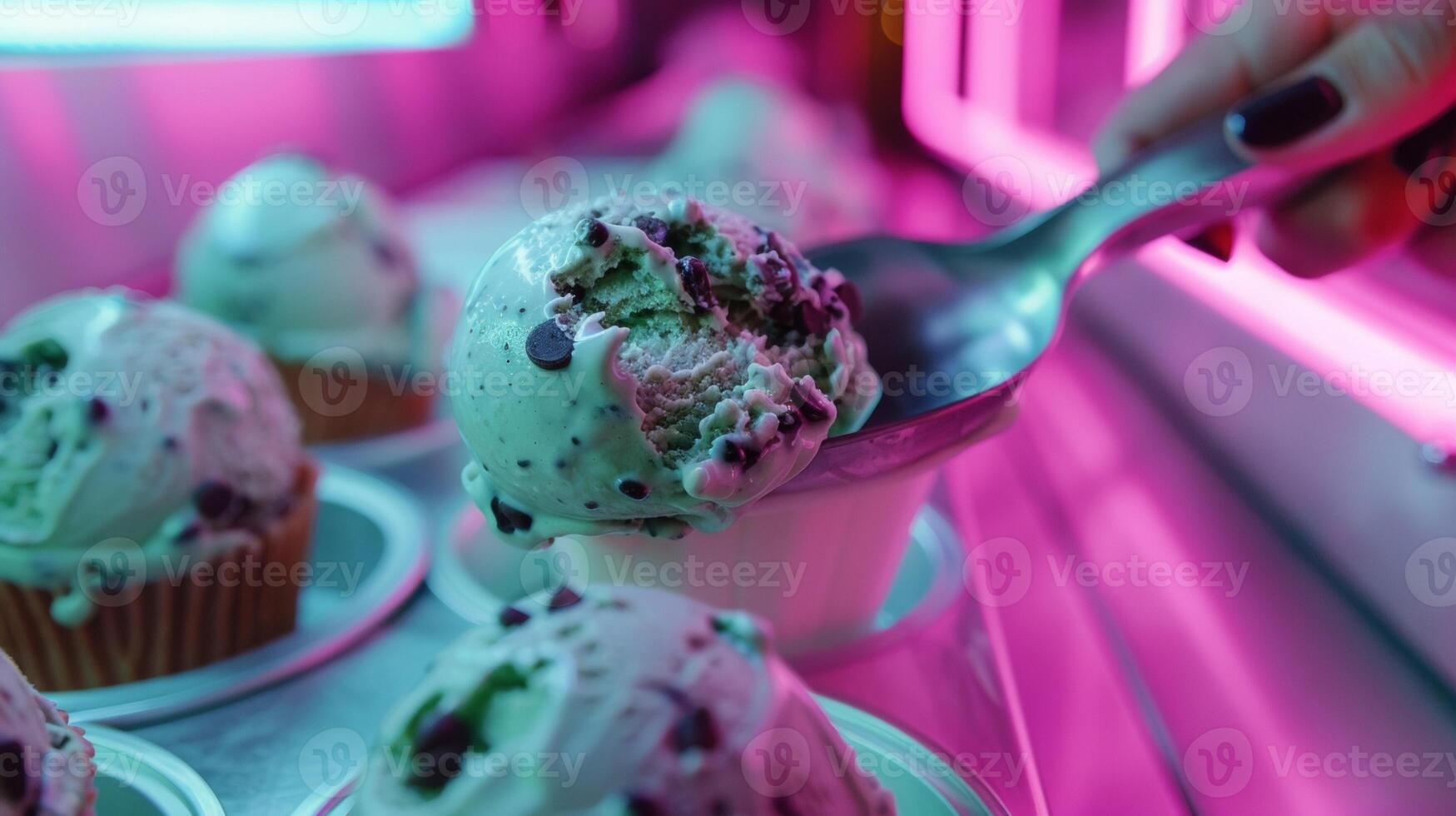 A s scooping out a scoop of mint chocolate chip ice cream straight from the maker photo