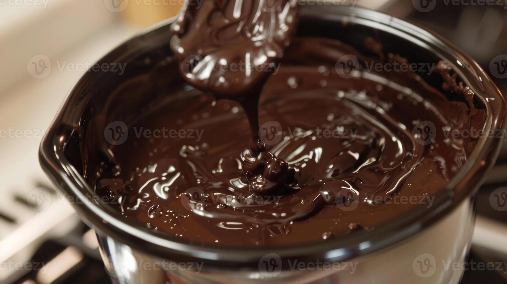 The lid of a fondue pot with a builtin spout making it easy to pour the excess melted chocolate back into the pot without any mess photo