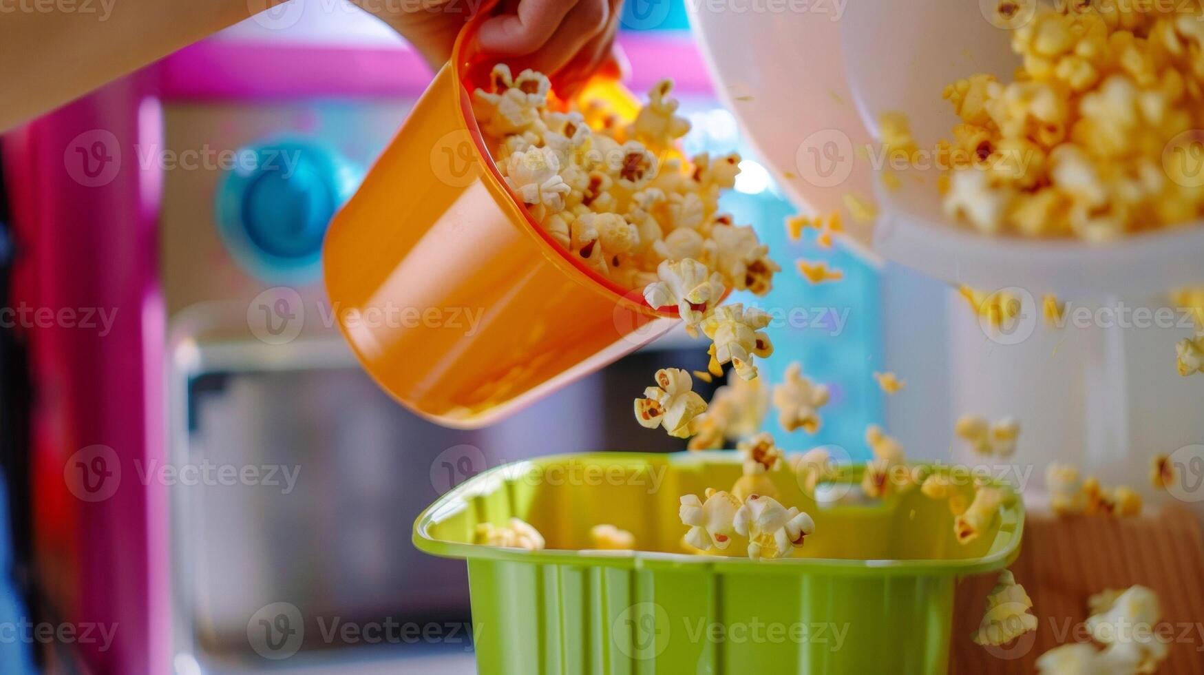 A hand holding a colorful bowl underneath the machine collecting the freshly popped popcorn that overflows from the chute photo