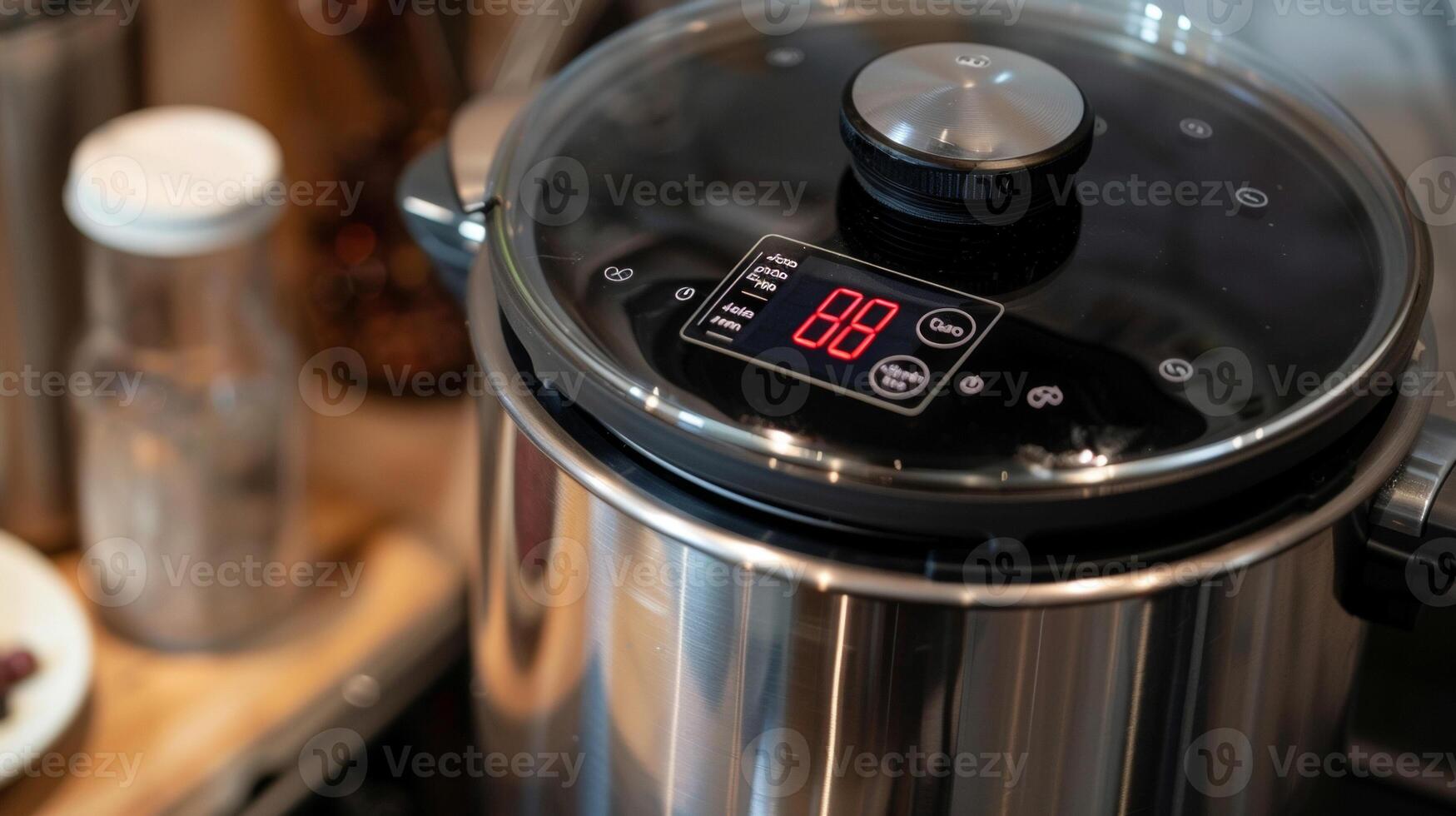 The LED display showing the precise temperature and cooking time of the sous vide cookers water bath photo