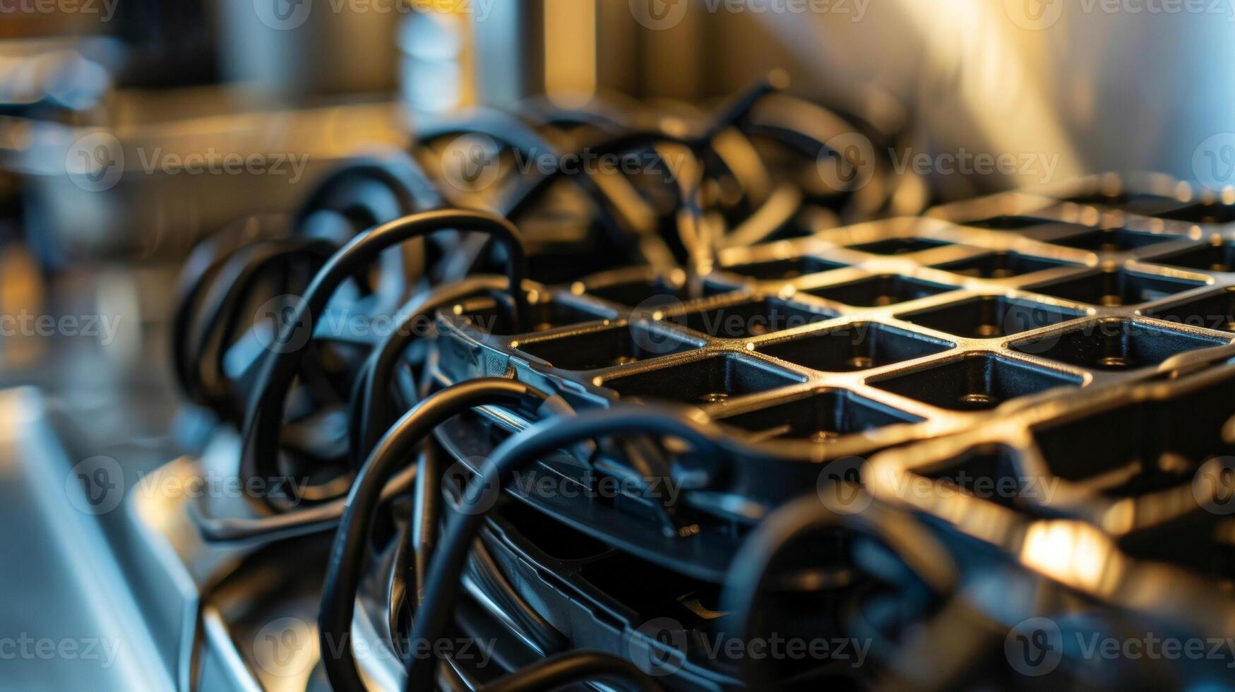 Closeup of a waffle makers cord management system neatly wrapped around the back of the machine for tidy storage photo