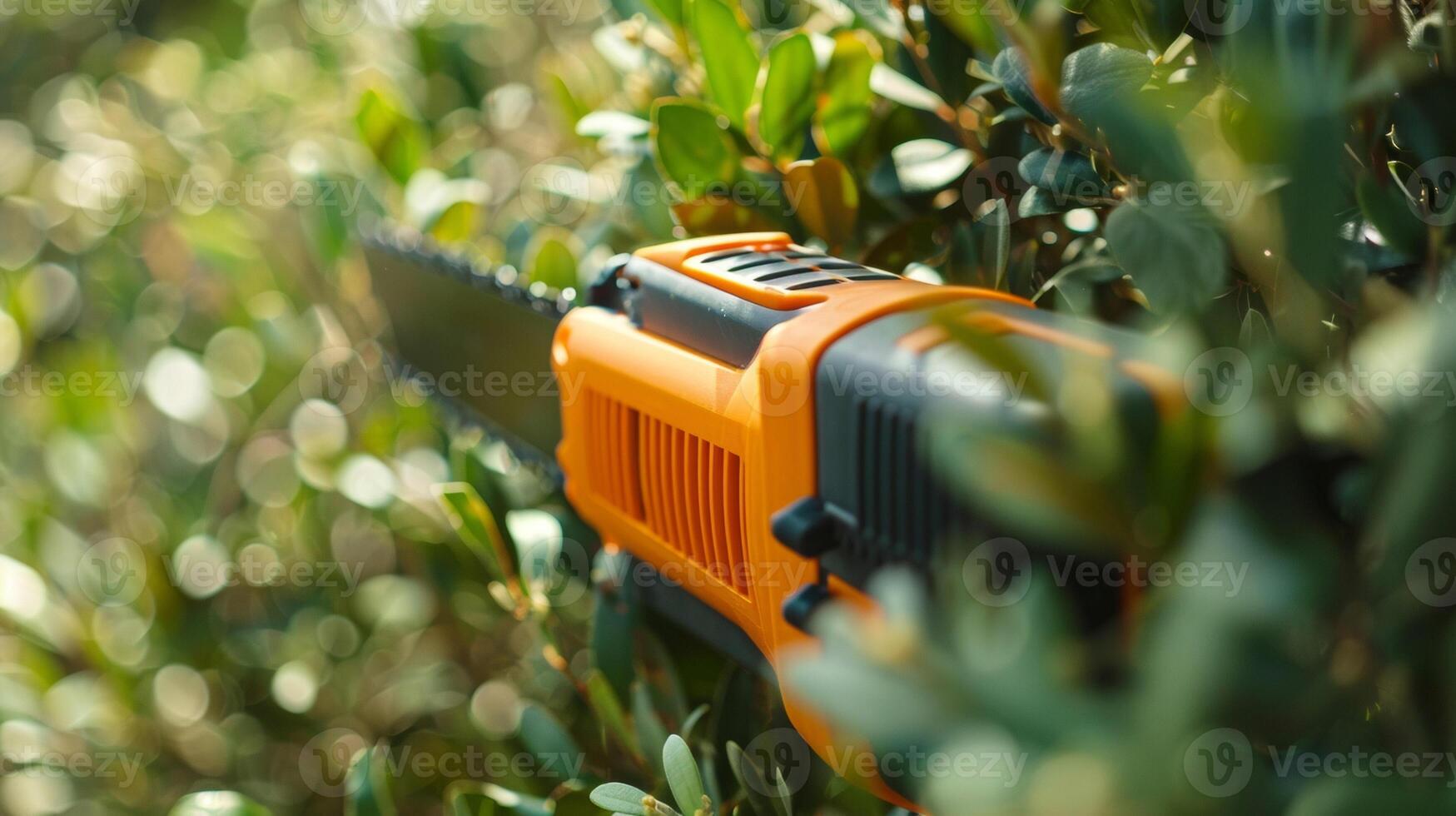 Closeup of the trigger mechanism on an electric hedge trimmer allowing for precise t power photo