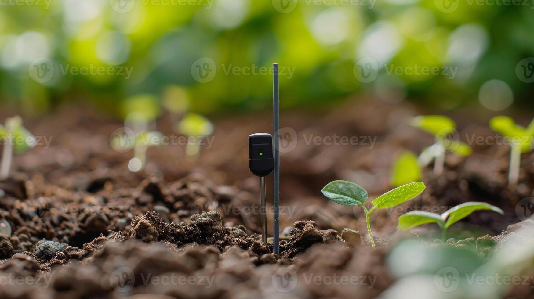 The sensor is attached to a long thin stake for easy insertion into the ground photo
