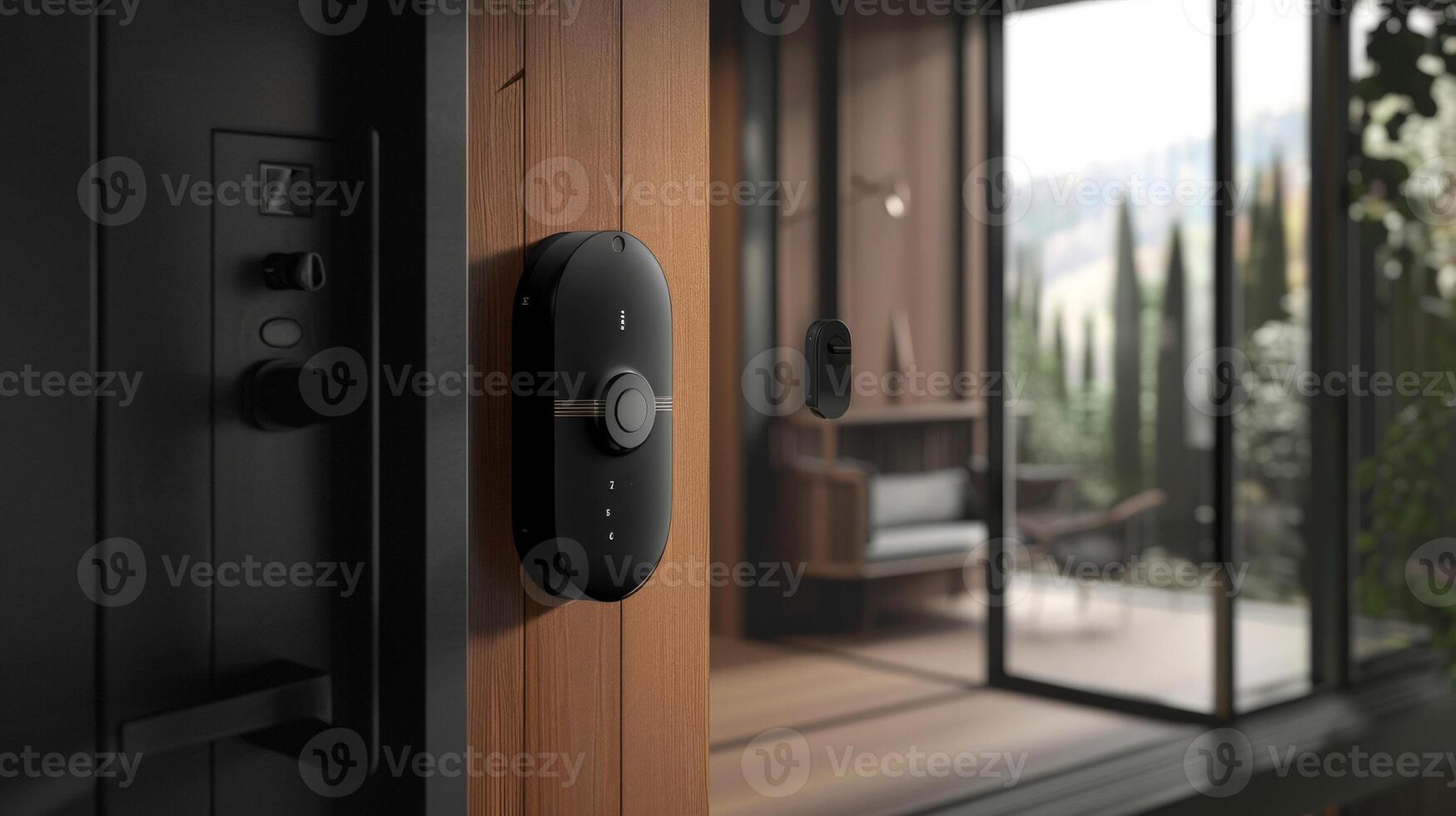 An angled view of a smart door lock with a voice recognition feature allowing for handsfree operation photo