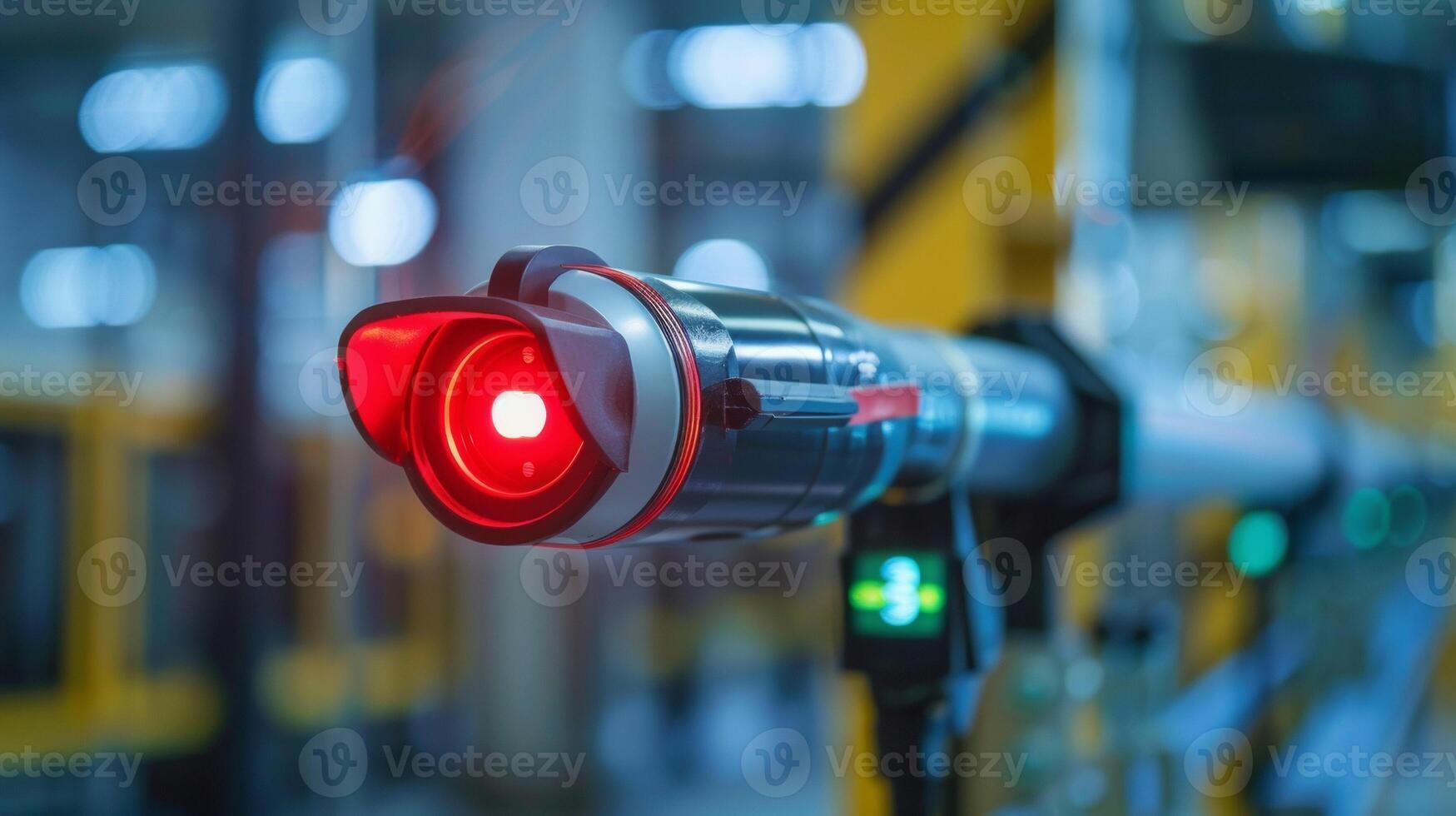 A closer look at the barcode scanner with a red light indicating it is ready to scan photo