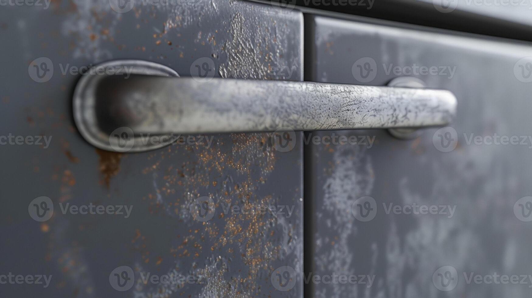 A closeup of the handle worn with use and speckled with fingerprints a testament to the frequent opening and closing of the fridge photo