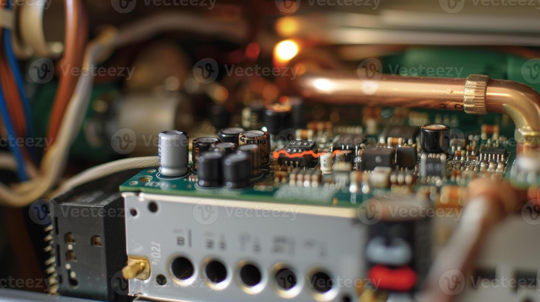A detailed image of the thermostats circuit board which controls the temperature and communicates with the heating or cooling system photo