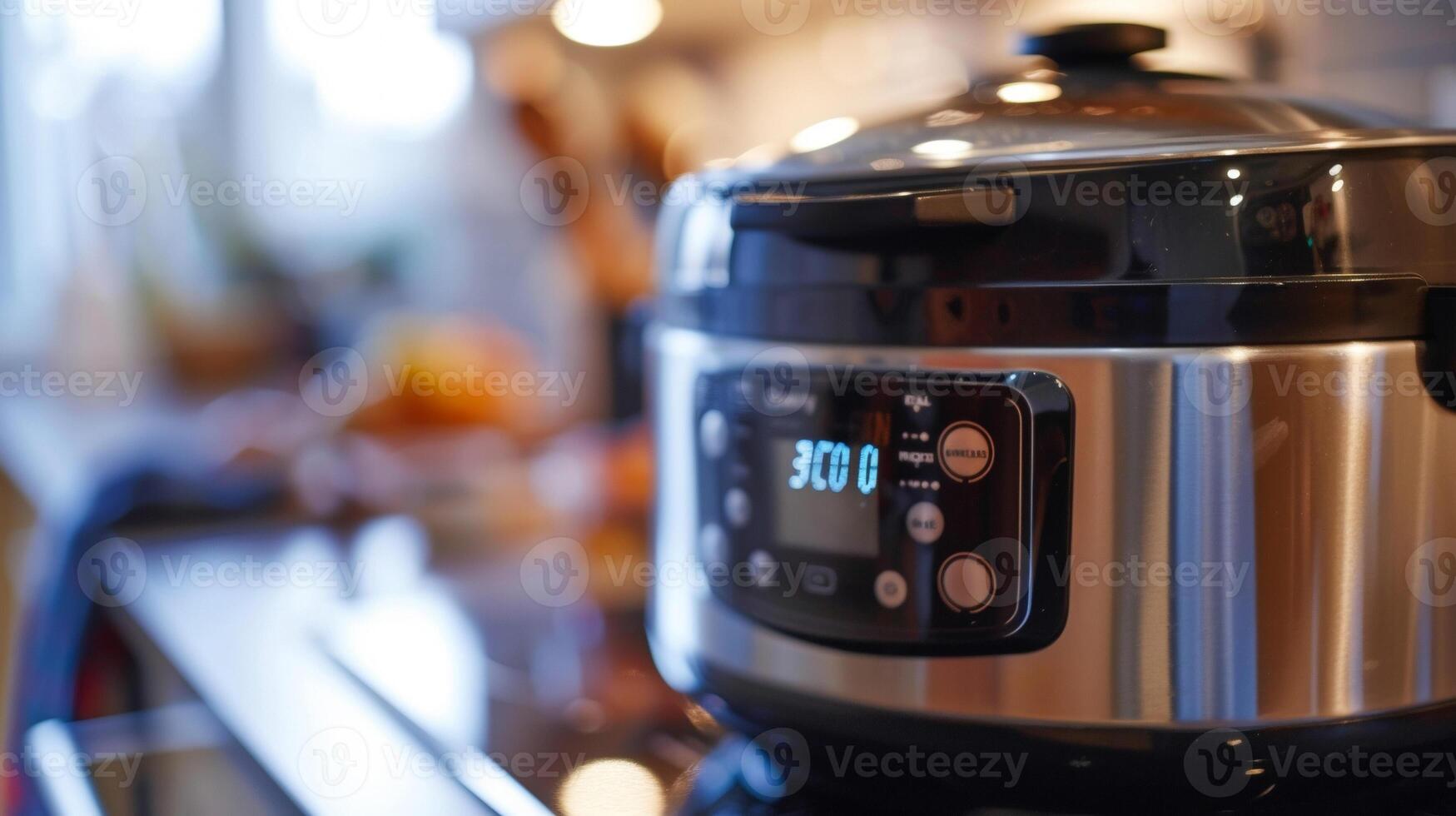 The side of a crockpot with a timer set and buttons for various cooking options photo