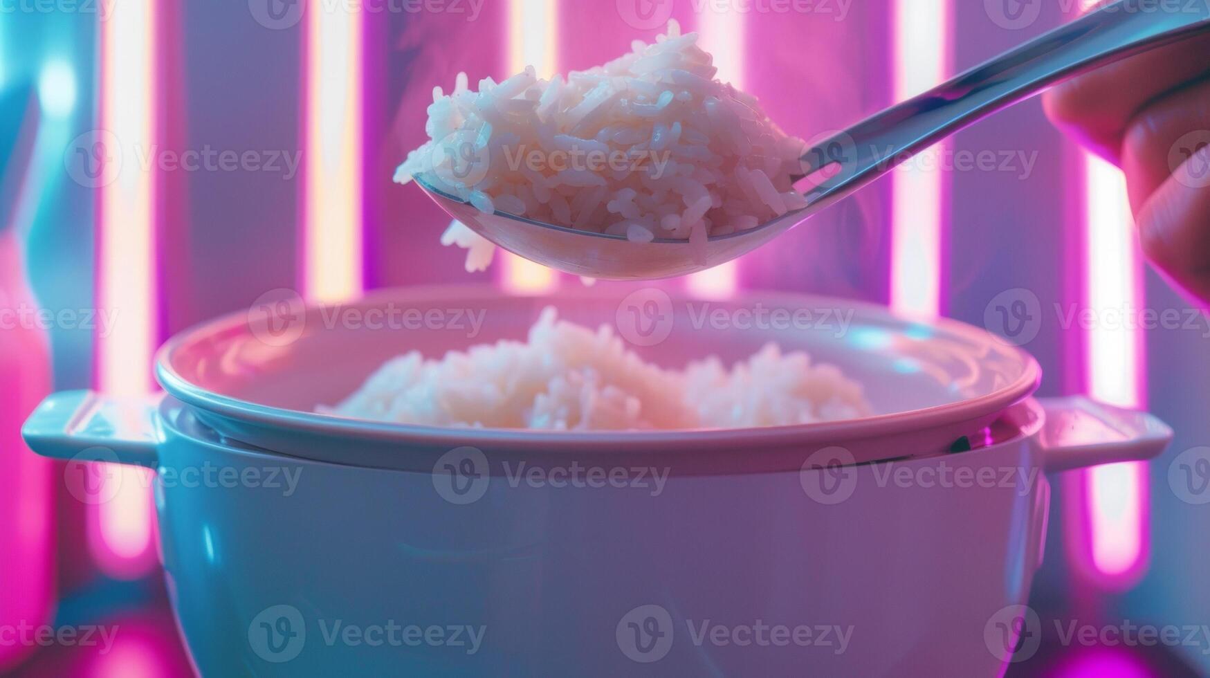 A bowl of aromatic jasmine rice being scooped out of a rice cooker using a ladle photo