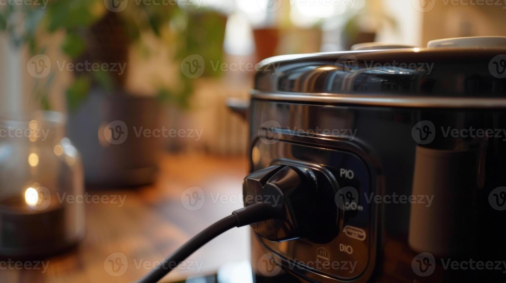 The cord of a crockpot plugged into an outlet and ready to cook a delicious meal photo