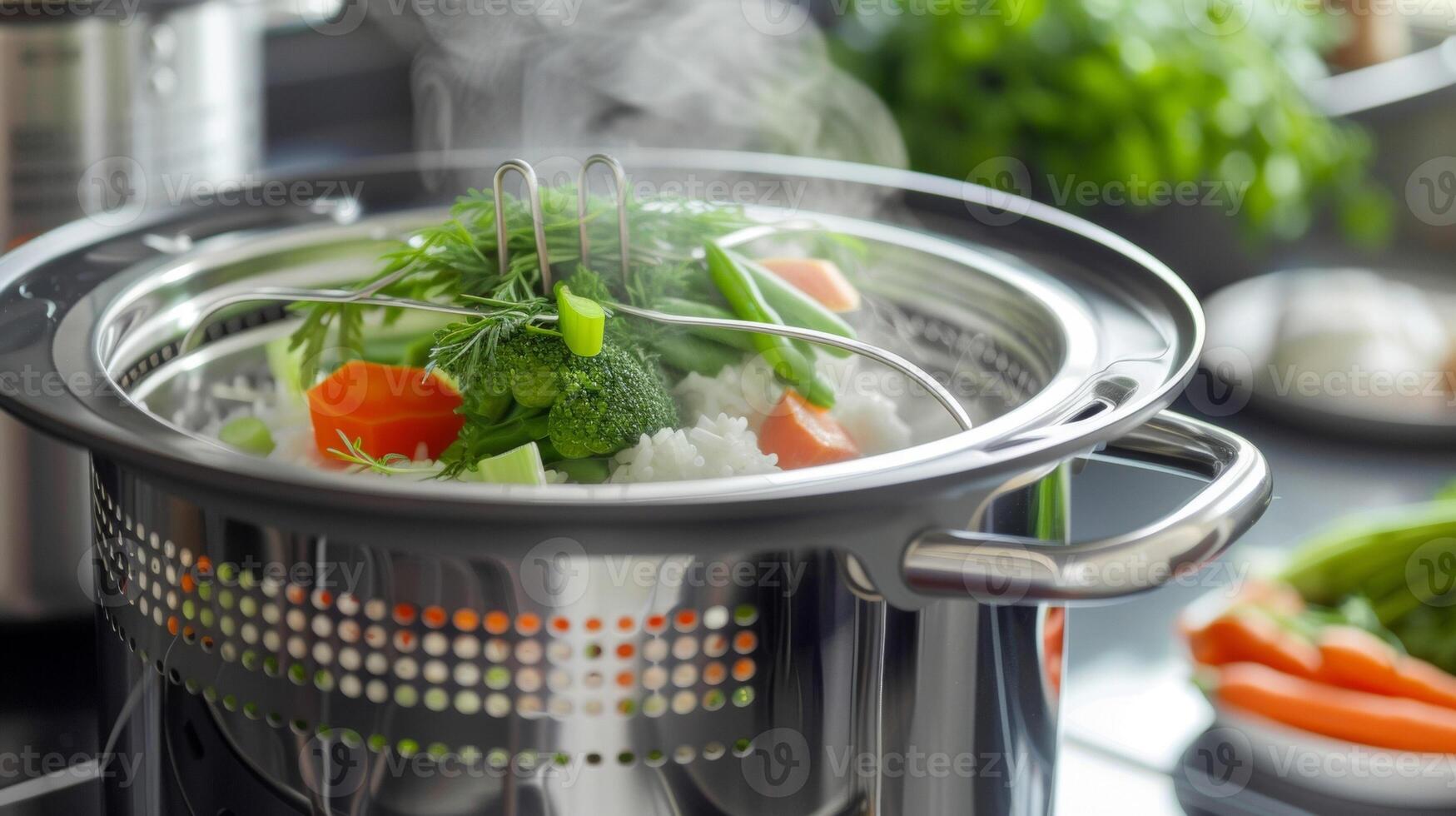 A steam basket filled with vegetables on top of the inner pot of a rice cooker cooking while rice simmers below photo