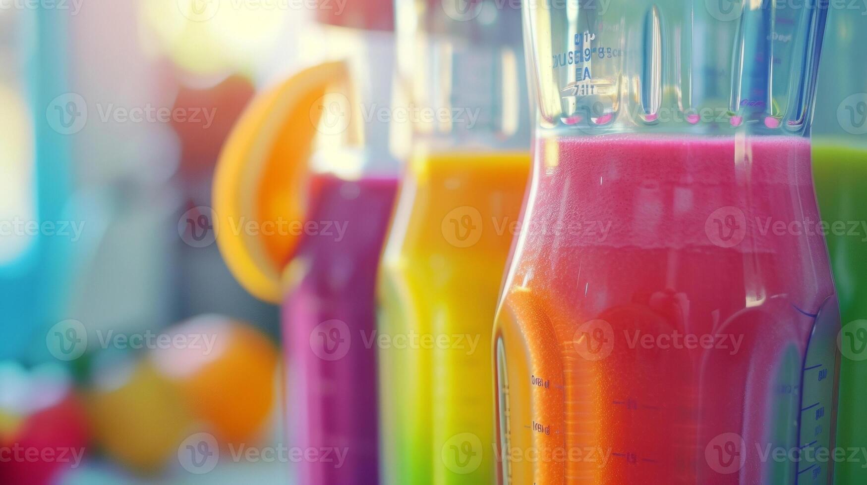 A detailed view of the transparent plastic jug of a blender filled with a colorful smoothie photo