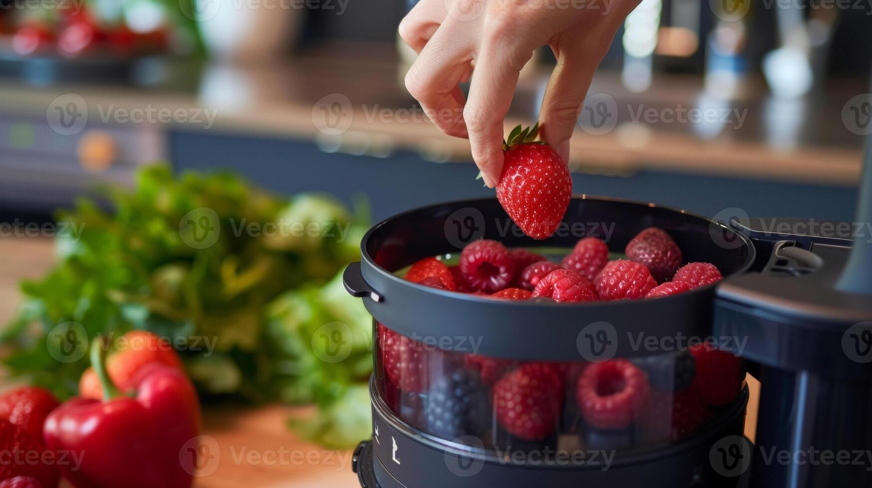 A womans hand holding a handful of berries and placing them into a juicer anticipating the burst of flavor to come photo