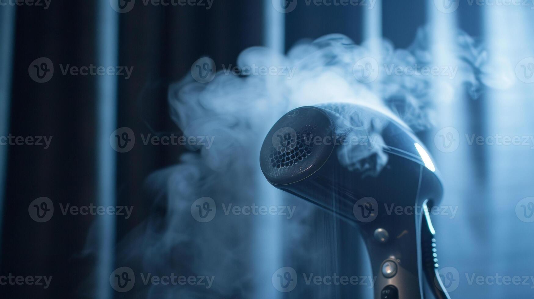 A macro shot of the steam head on a garment steamer showing how the powerful burst of steam helps to remove wrinkles photo