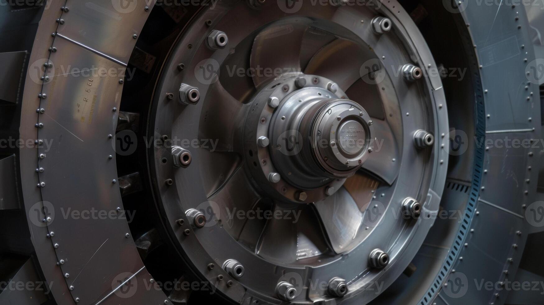 A closeup of the rotor hub where all of the turbines blades connect and spin together photo