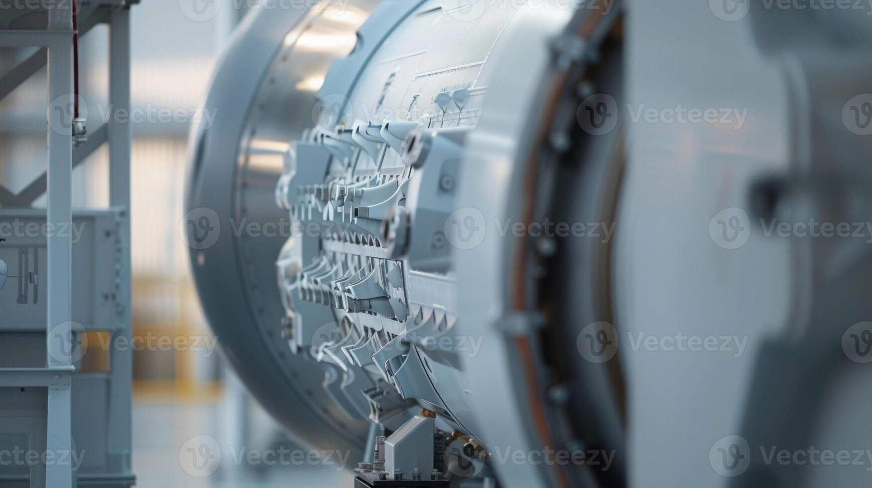 An upclose shot of the turbines nacelle giving a glimpse inside at the complex machinery at work photo