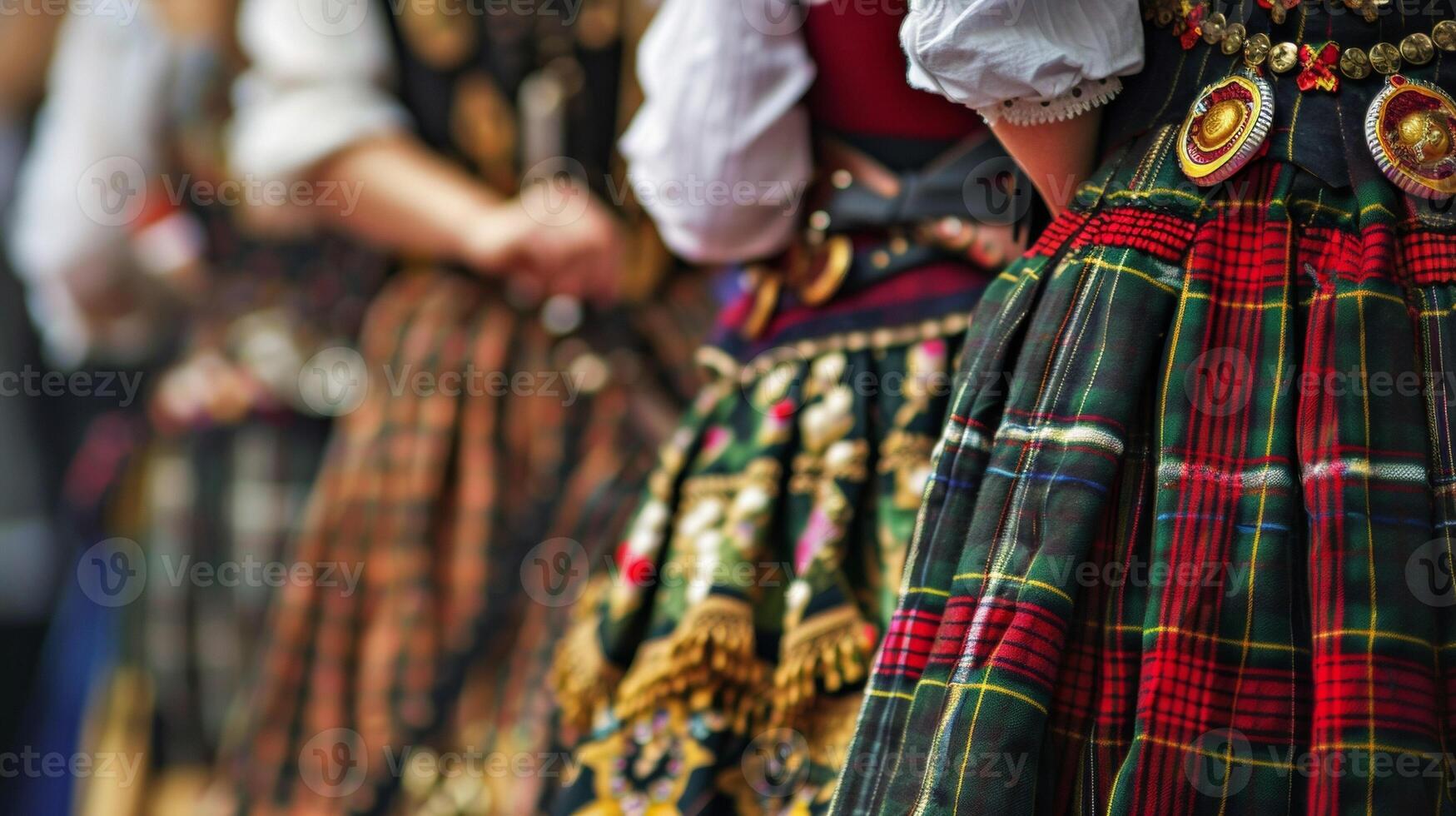 A closeup of a group of friends wearing lederhosen and dirndls the traditional clothing worn at Oktoberfest complete with elaborate designs and intricate embroidery photo