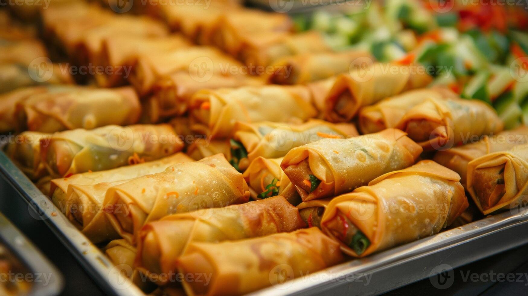 A tray of crispy spring rolls filled with a savory mix of vegetables and meat symbolizes new beginnings and the start of a prosperous year photo