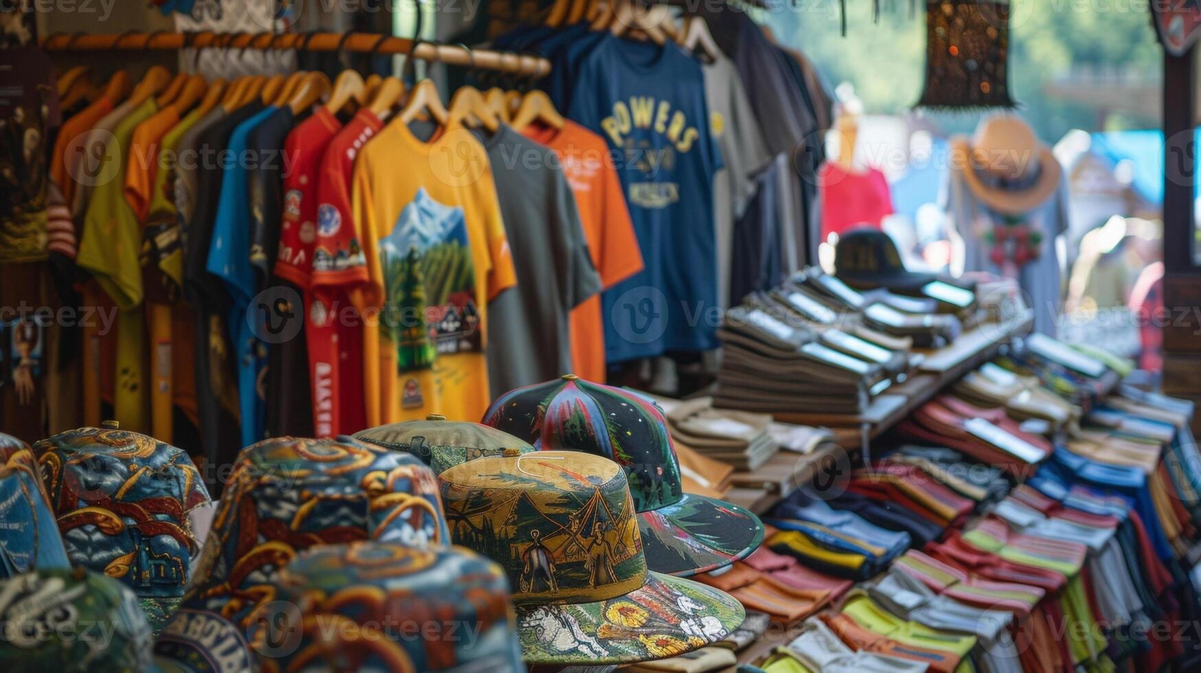 A colorful display of themed tshirts hats and accessories featuring traditional German designs such as pretzels beer steins and alpine landscapes available for sale at a photo