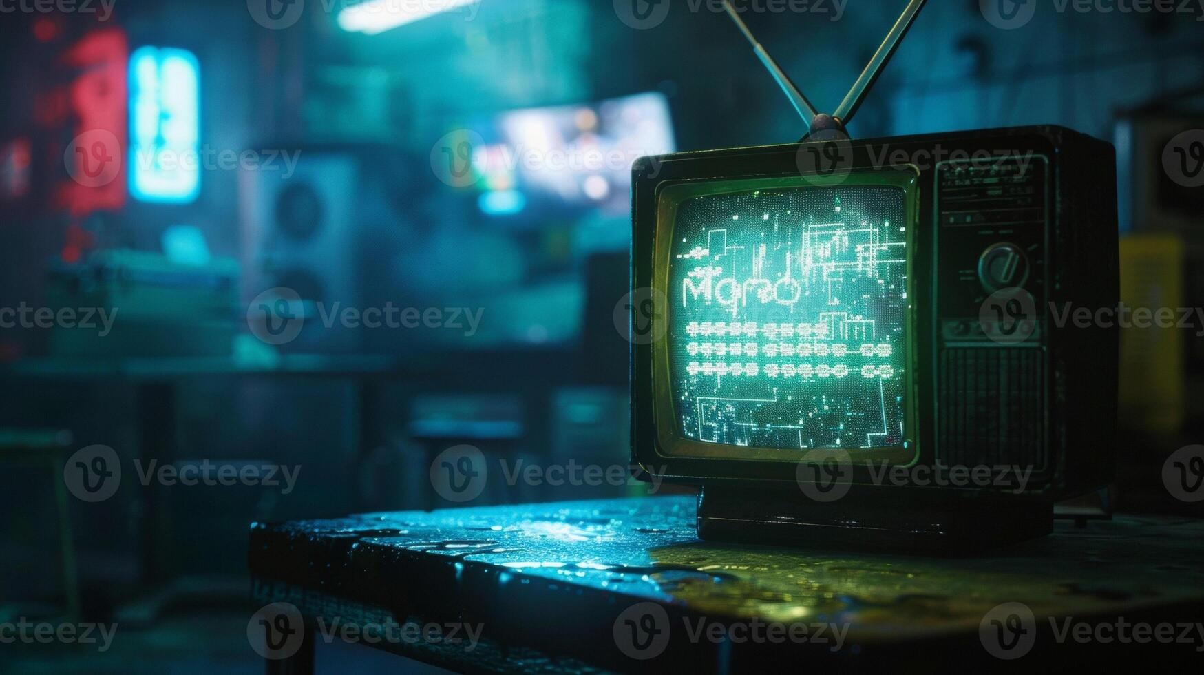 Perched on a table a lone television displays a neverending stream of flashy adver and promotions photo