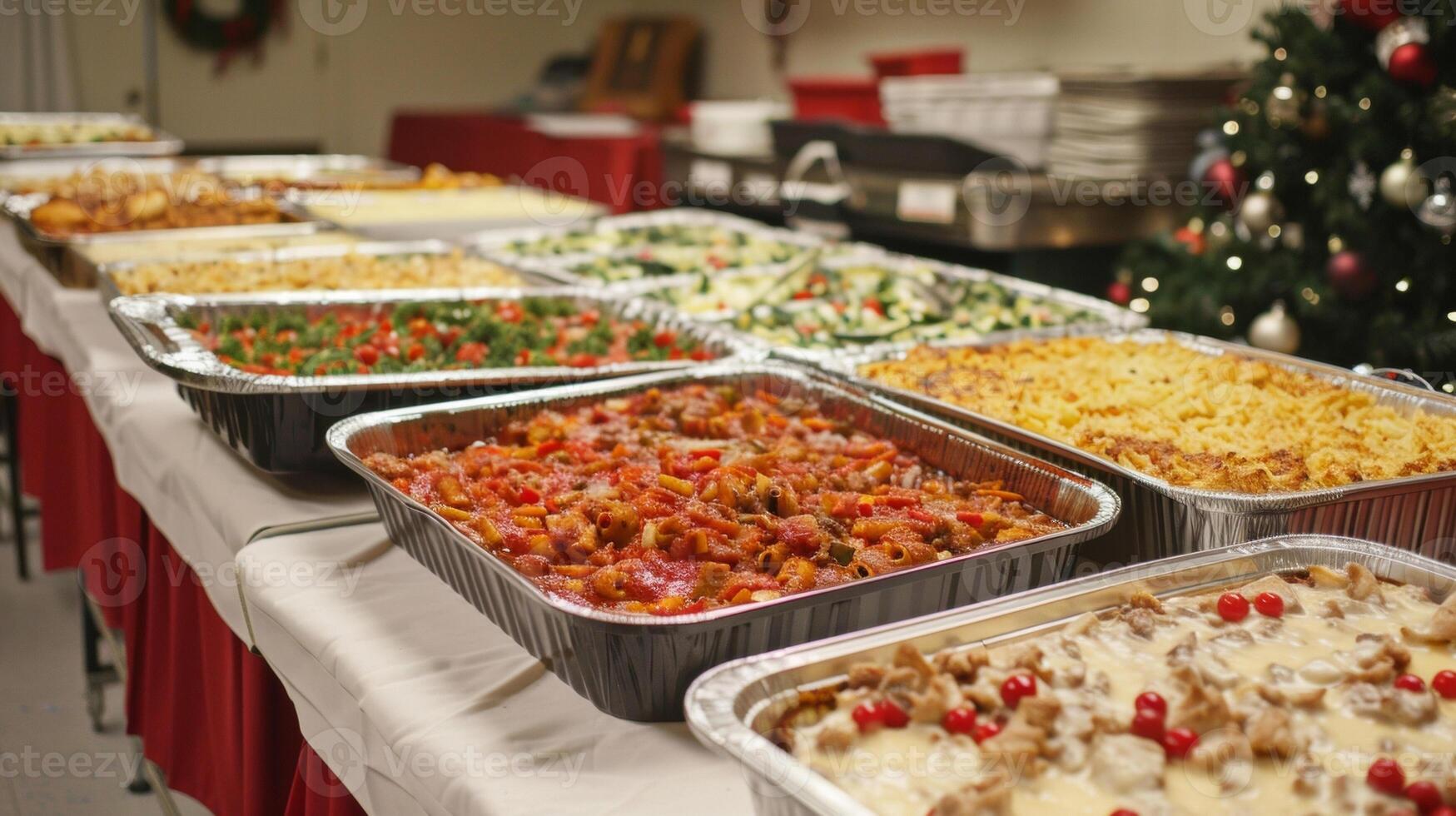 A folding table set up in a church hall overflowing with trays of hearty casseroles steaming soups and festive desserts prepared by members of the community for a charitabl photo