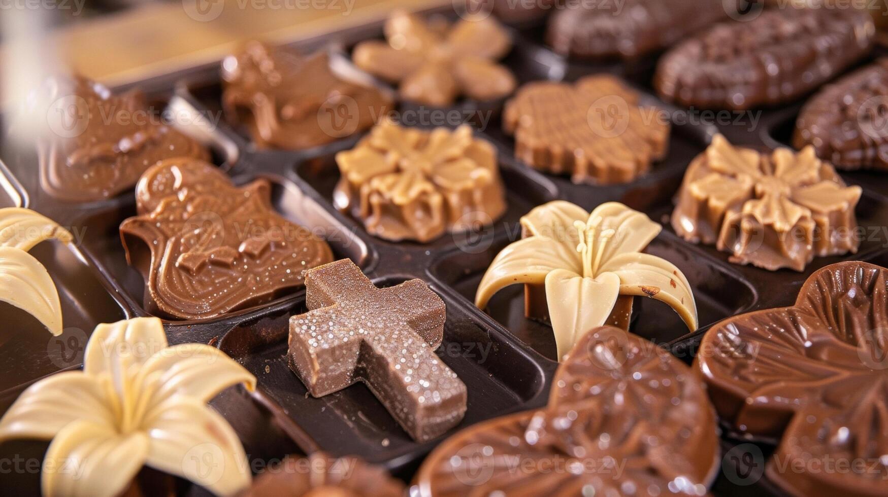 A tray of handmade Easter chocolates molded into intricate designs such as crosses lilies and doves and dusted with edible shimmer photo