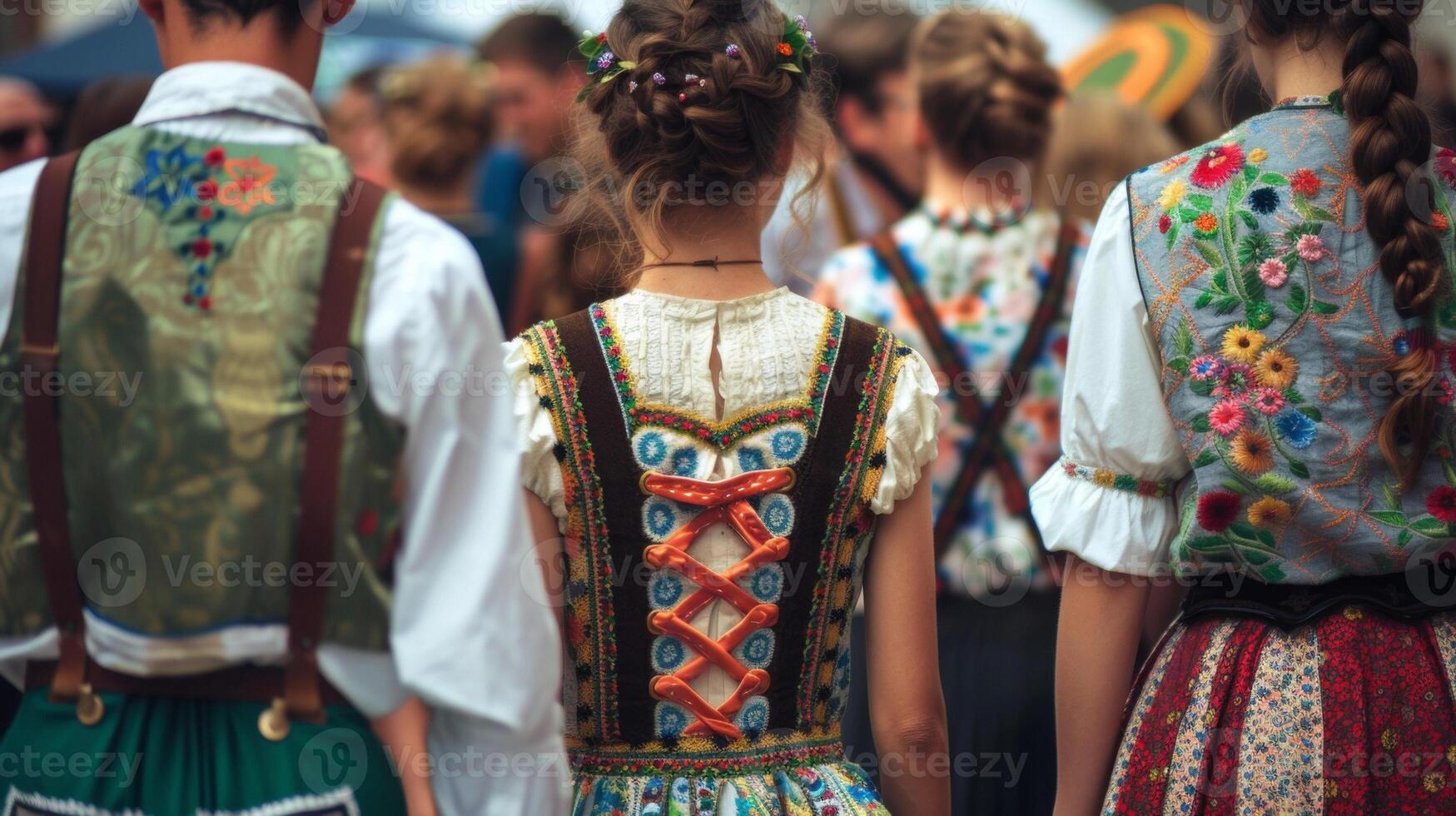 A group of people wearing lederhosen and dirndls adorned with intricate embroidery and traditional patterns photo