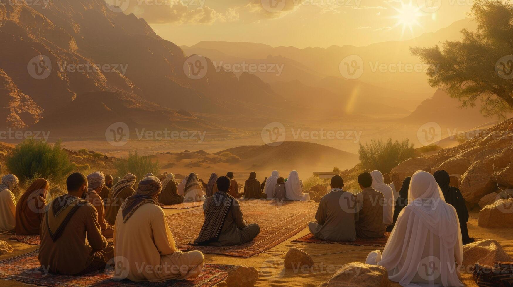 A peaceful and serene desert landscape where believers gather to pray and break their fast during the holy month of Ramadan photo