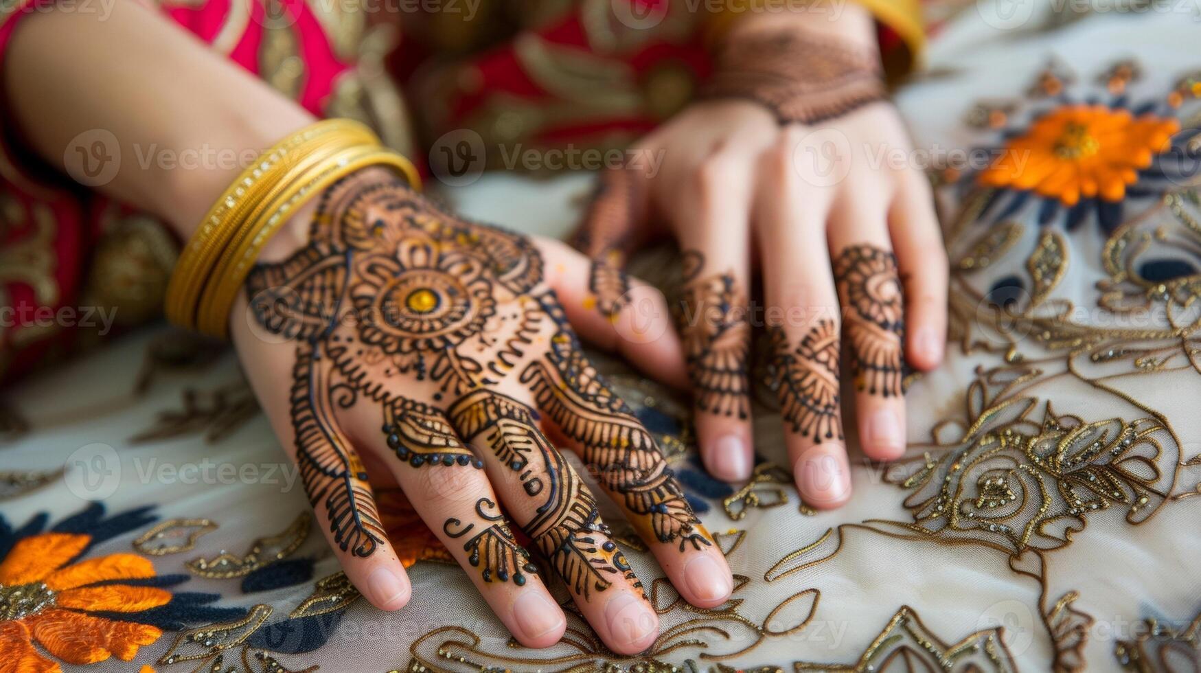 The intricate designs and patterns of henna adorning the hands of women a symbol of beauty and celebration during Eid photo