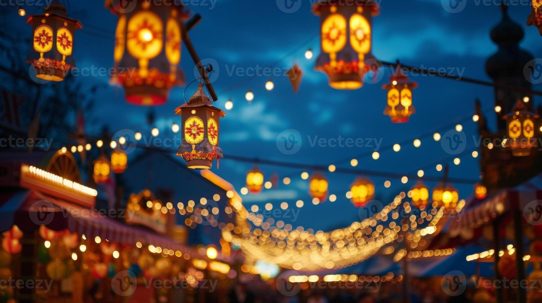 The warm glow of hanging lanterns against a dark blue sky creates a cozy and inviting atmosphere for an evening of Oktoberfest festivities photo