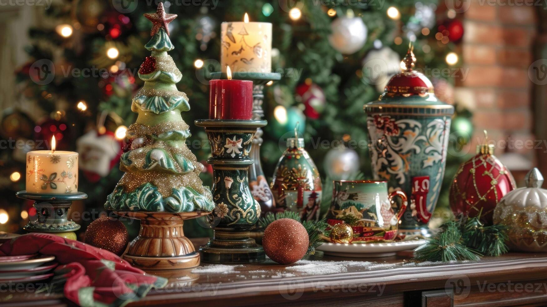 A table dedicated to showcasing Christmas traditions from different eras with vintage ornaments candles and a retrostyle tree topper. This display is a tribute to the endurin photo