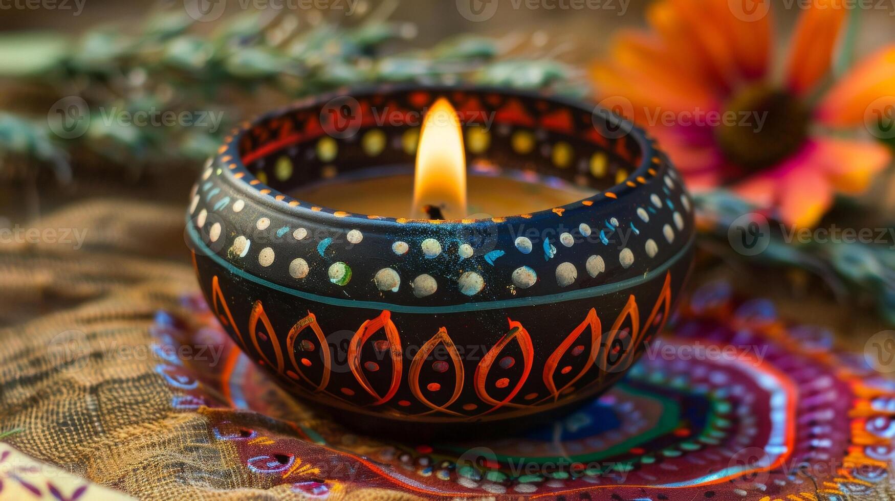 A closeup of a handpainted diya showcasing the skilled craftsmanship and attention to detail put into each one for the festival photo