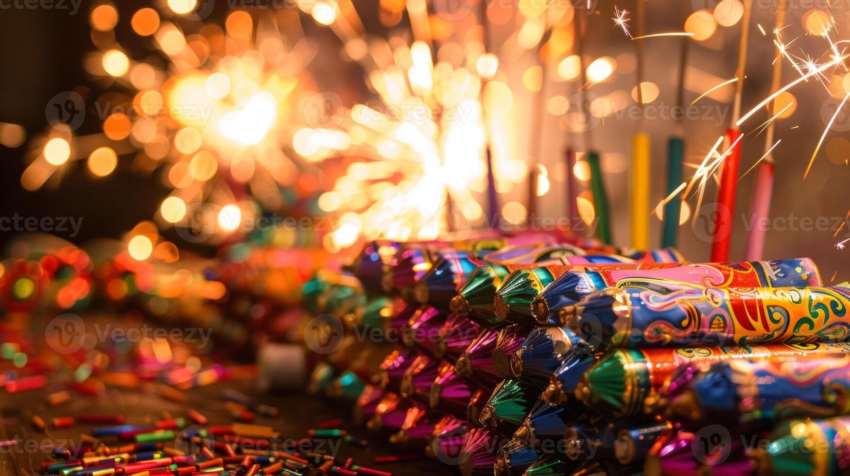 A table lined with packets of colorful and noisy fireworks such as sparklers rockets and firecrackers ready to light up the night sky during the festive celebrations photo