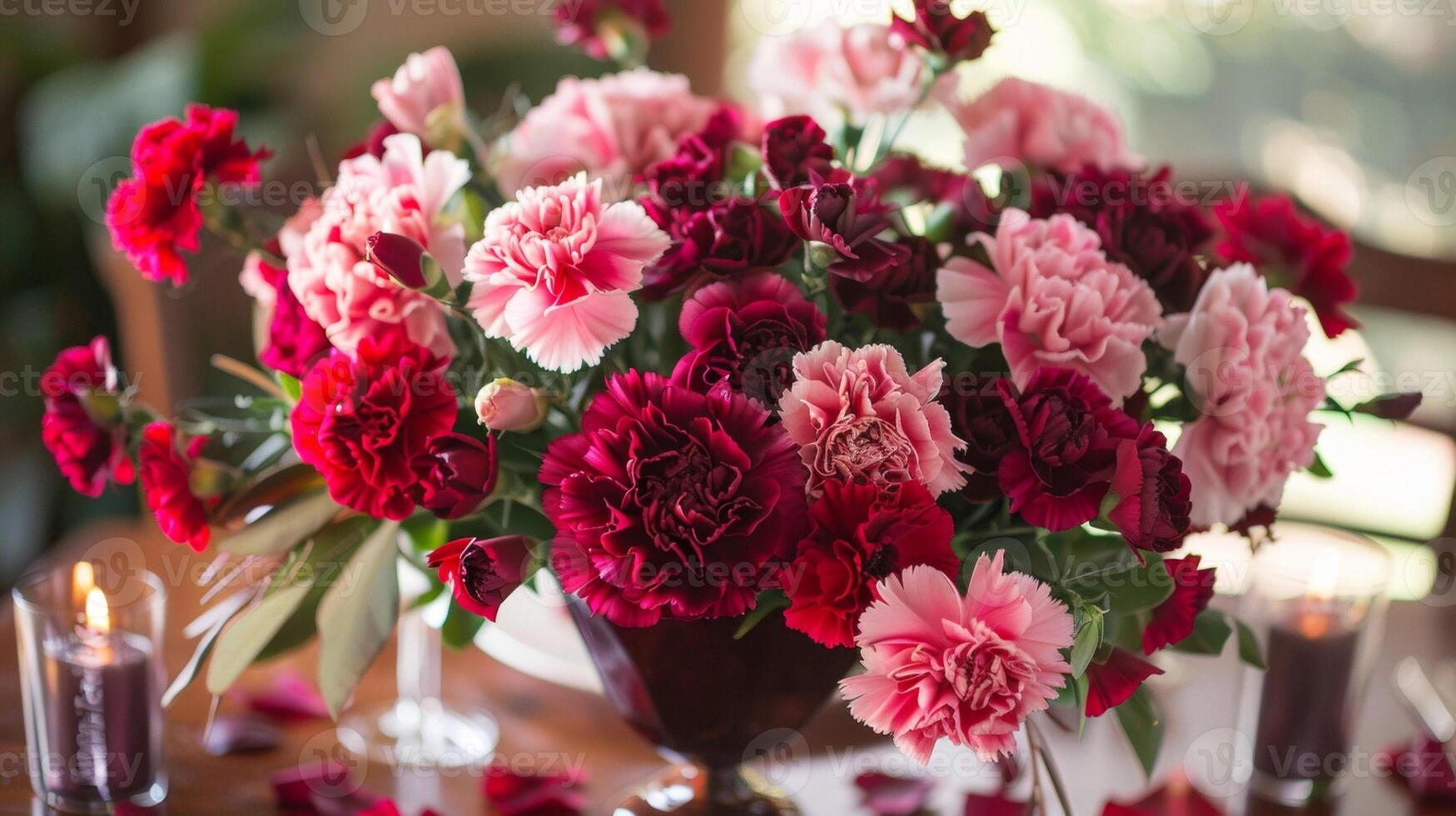 The centerpiece of the table is a stunning bouquet of red and pink carnations symbolizing love admiration and friendship photo