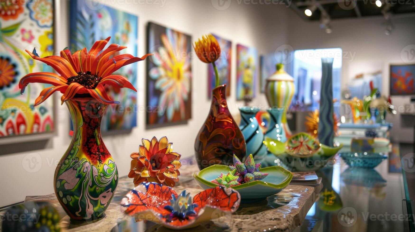 A table filled with vibrant paintings and intricate sculptures offers unique and oneofakind gifts for artloving mothers. These pieces showcase various styles and technique photo