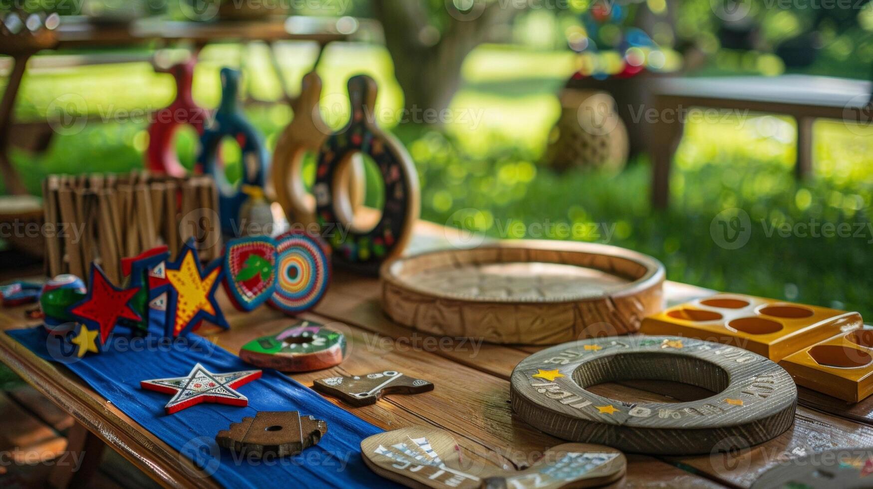 A display of outdoor games such as and horseshoes set up on a table inviting guests to take part in some friendly competition while celebrating Independence Day photo