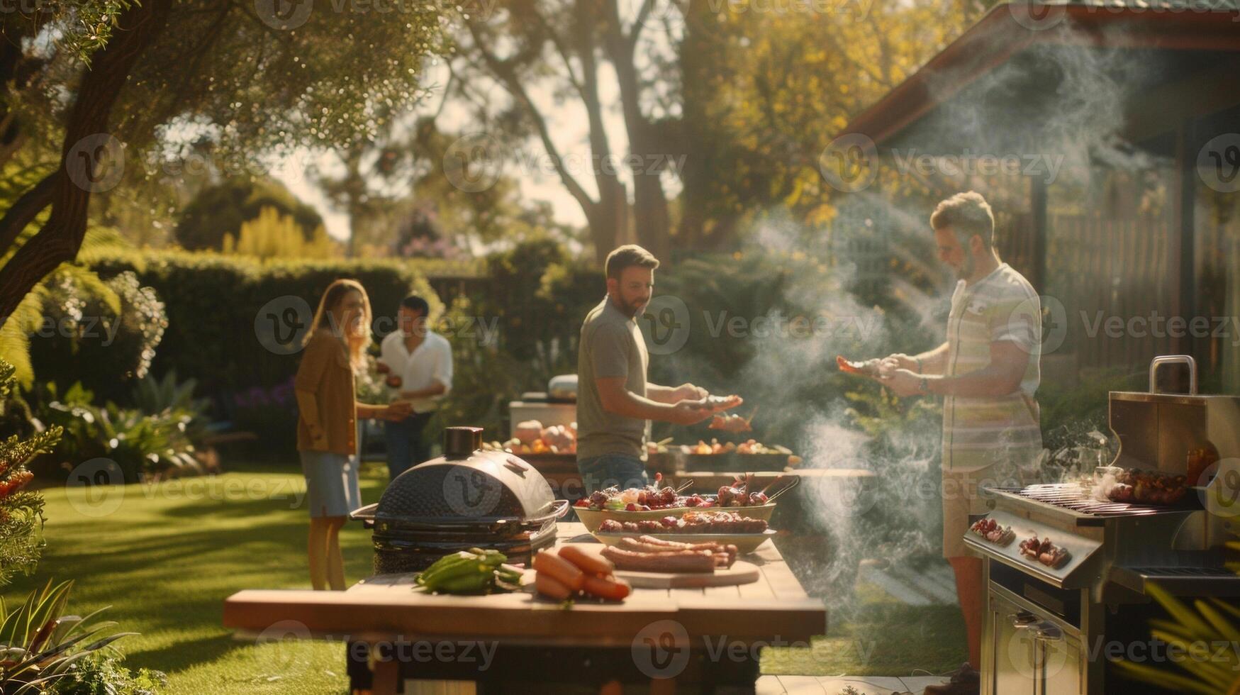 The enticing smell of grilled meats and vegetables wafting through the air as families prepare for their backyard barbecues photo