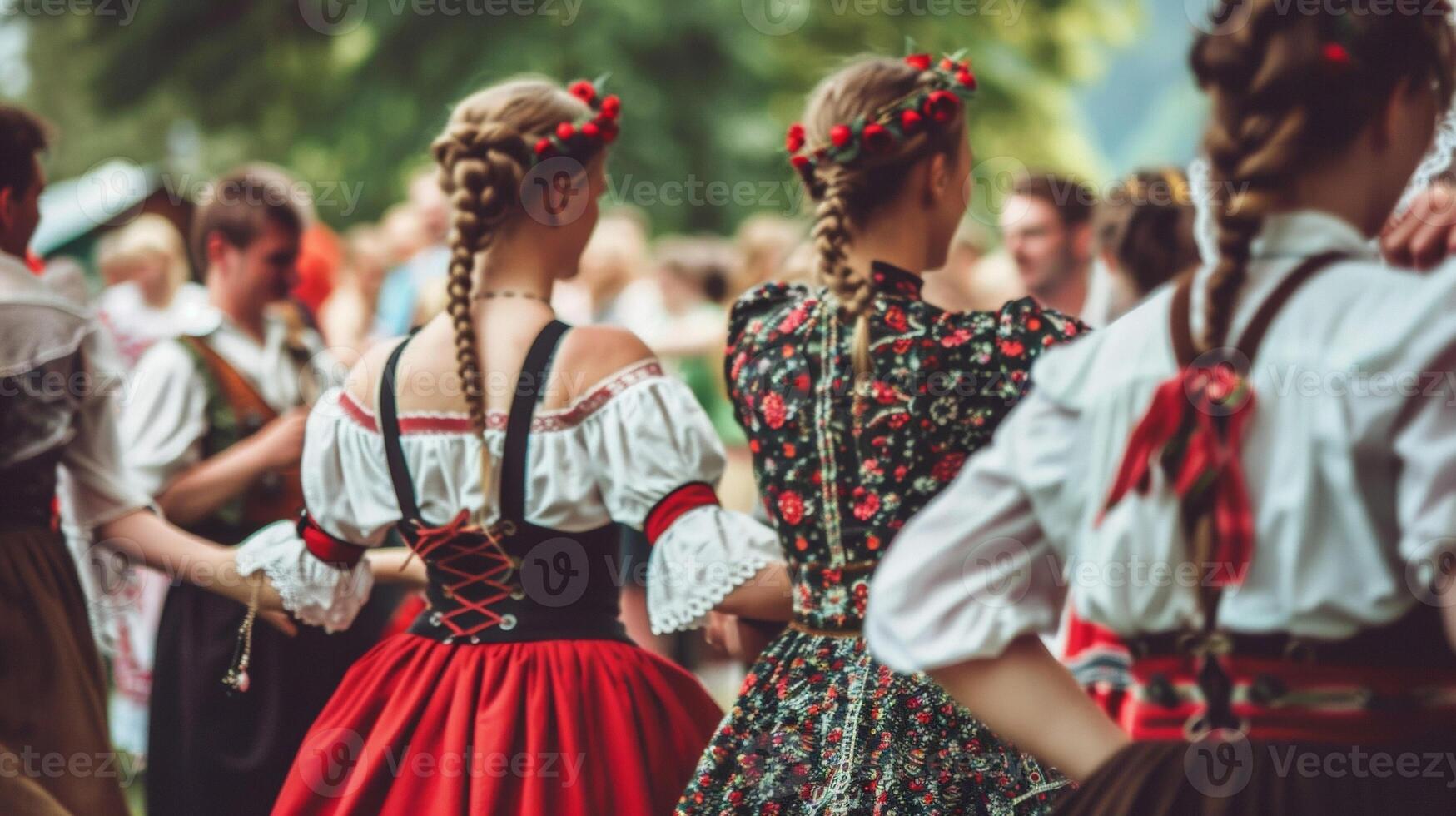 Men and women dressed in traditional Bavarian outfits with lederhosen and dirndls can be seen dancing and mingling a the crowds photo