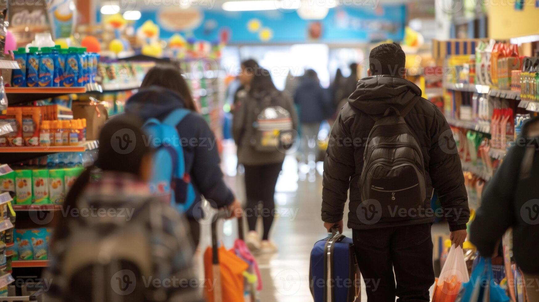 The steady stream of parents and students leaving the store loaded down with bags and carts full of supplies photo